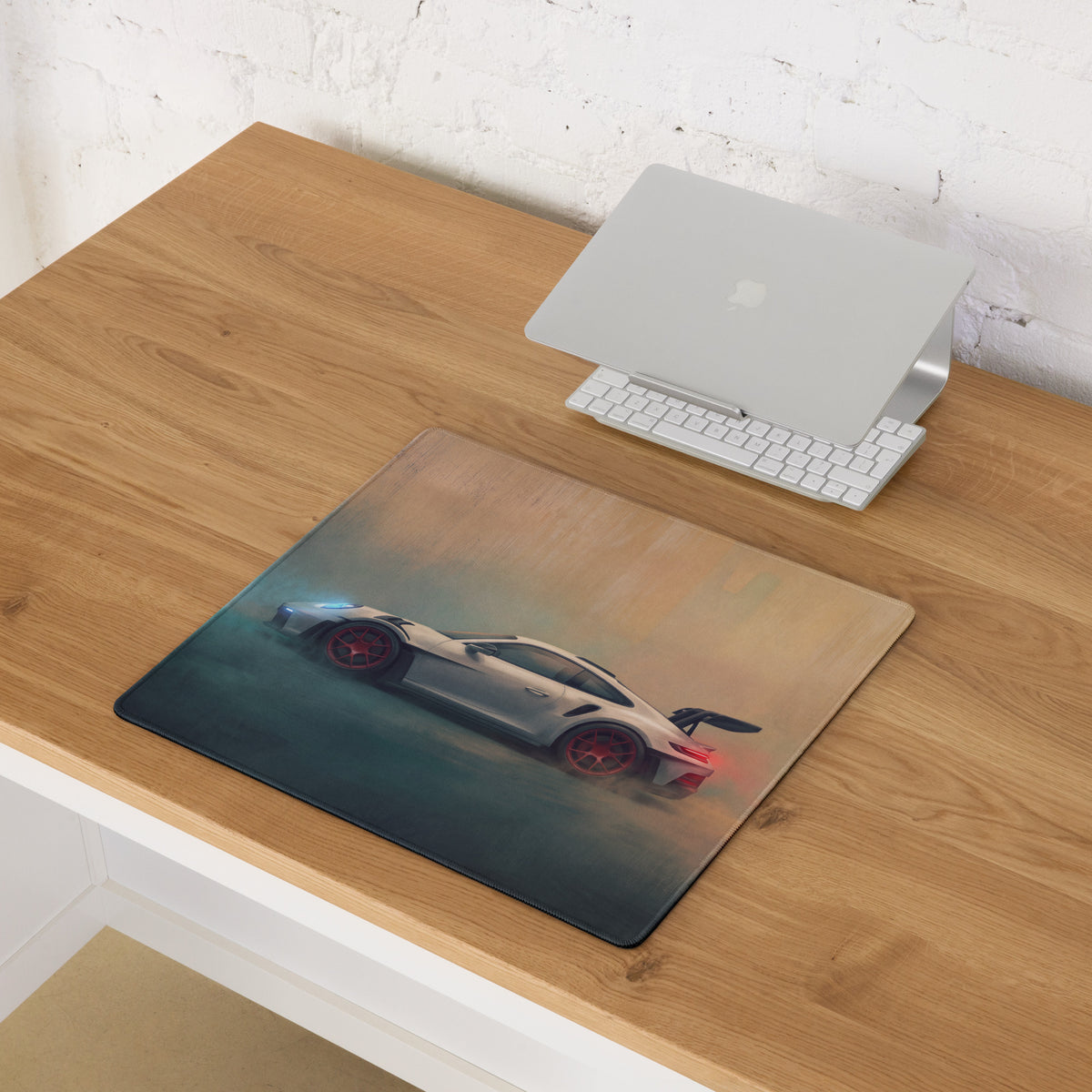 Porsche 911 GT3 RS Inspired Gaming Mouse Pad – Silver Sports Car with Red Wheels Desk Mat