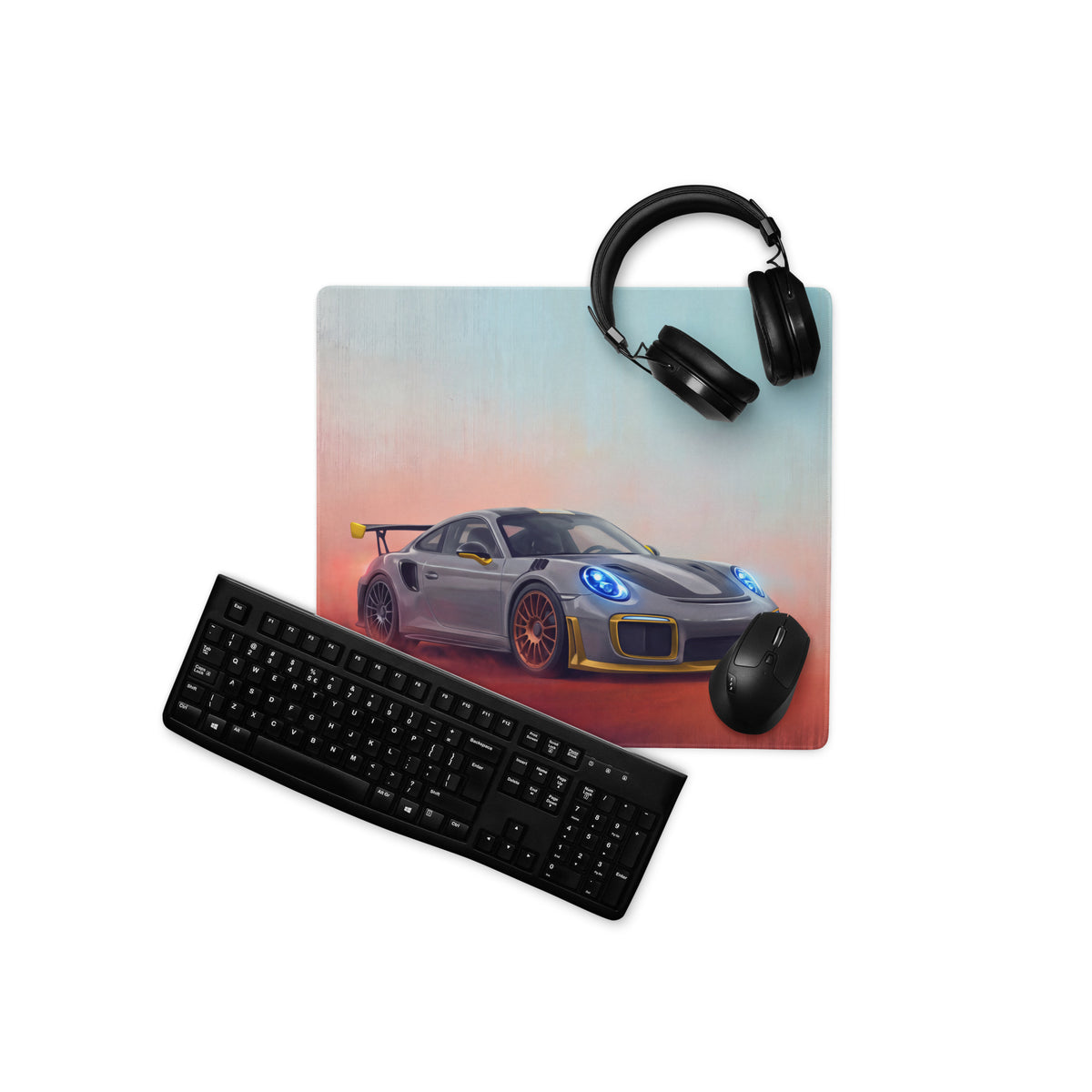 Porsche 911 GT3 RS Inspired Gaming Mouse Pad – Silver and Yellow Race Car Extended Desk Mat