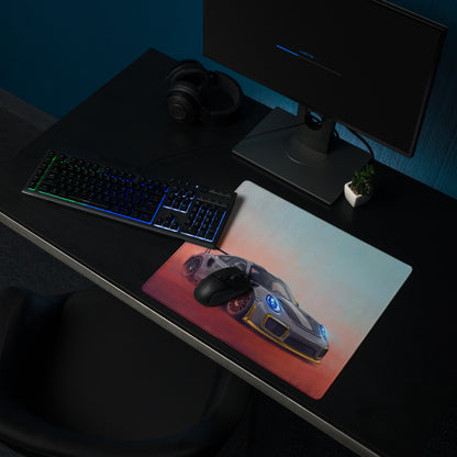 Porsche 911 GT3 RS Inspired Gaming Mouse Pad – Silver and Yellow Race Car Extended Desk Mat