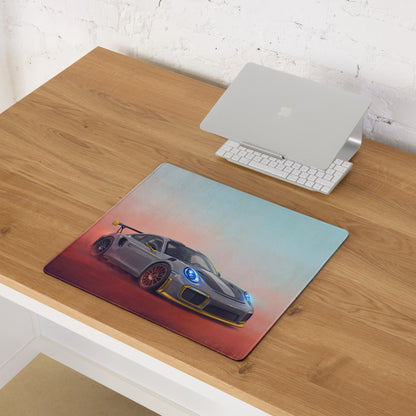 Porsche 911 GT3 RS Inspired Gaming Mouse Pad – Silver and Yellow Race Car Extended Desk Mat
