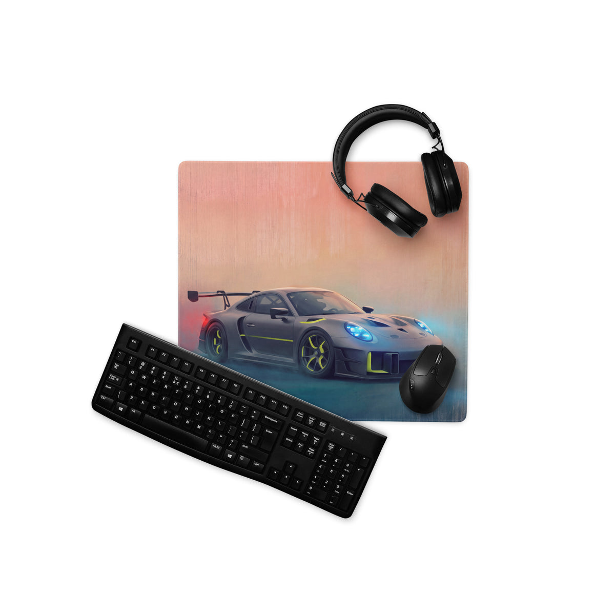 Porsche 911 GT3 RS Inspired Gaming Mouse Pad – Gray and Neon Yellow Race Car Extended Desk Mat
