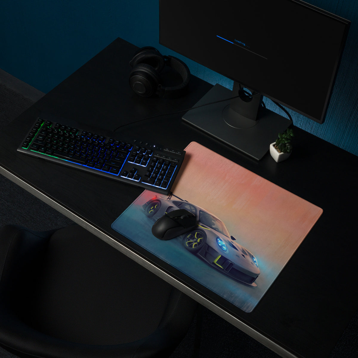 Porsche 911 GT3 RS Inspired Gaming Mouse Pad – Gray and Neon Yellow Race Car Extended Desk Mat