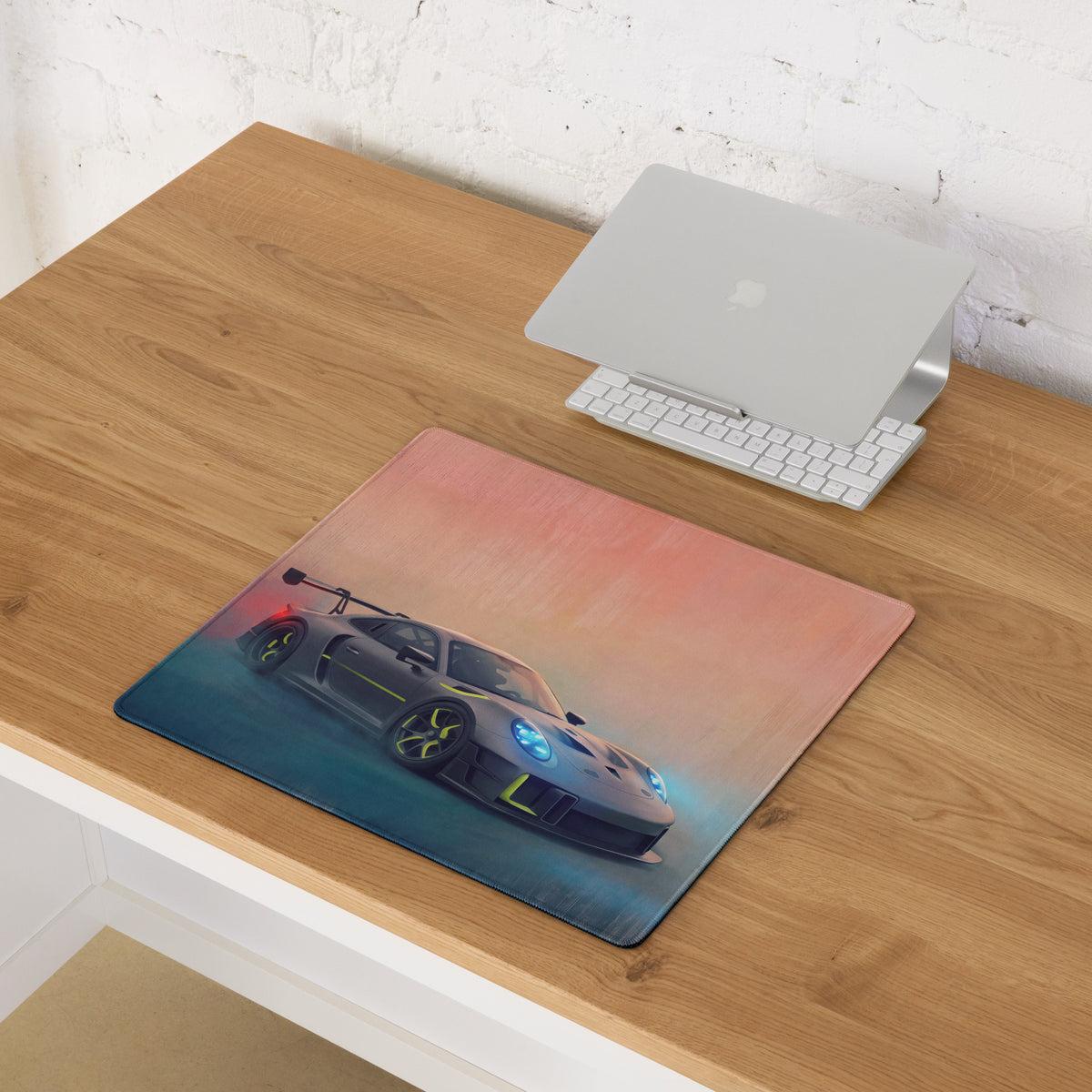 Porsche 911 GT3 RS Inspired Gaming Mouse Pad – Gray and Neon Yellow Race Car Extended Desk Mat