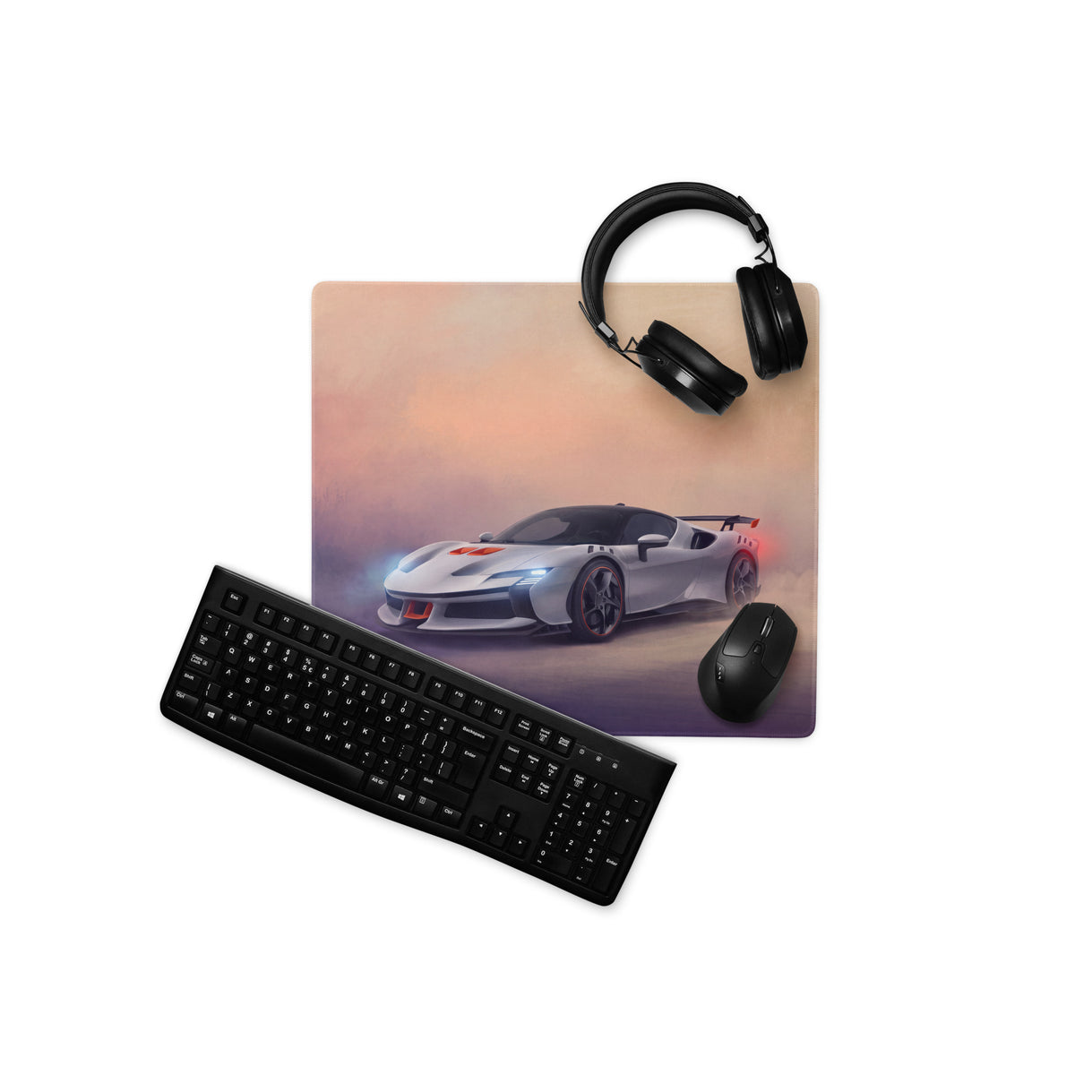 White sports car graphic on rectangular premium cloth ferrari SF90 XX stradale track edition gaming mousepad with keyboard and headphones