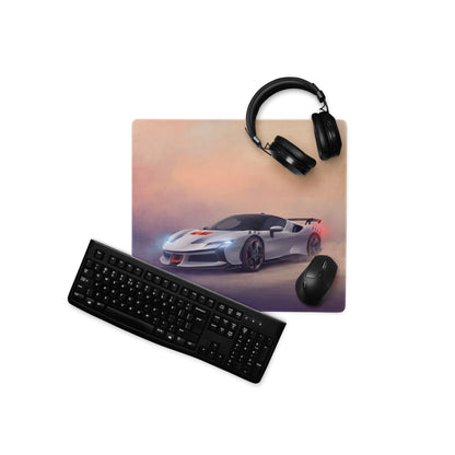 White sports car graphic on rectangular premium cloth ferrari SF90 XX stradale track edition gaming mousepad with keyboard and headphones