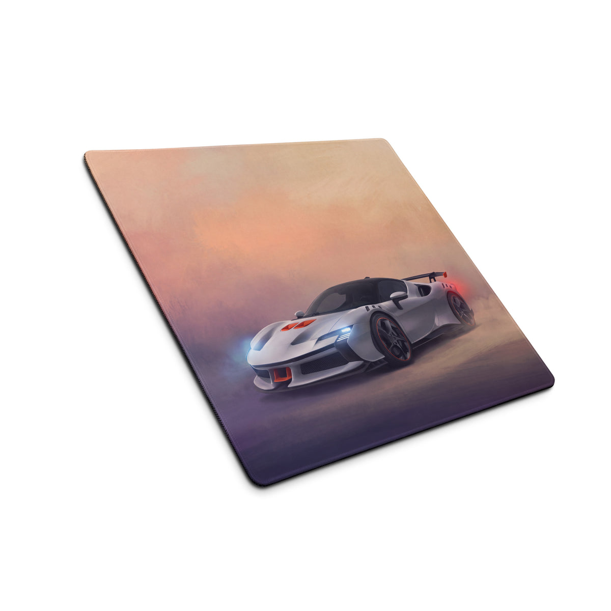 Ferrari sf90 xx stradale inspired silver sports car graphic on rectangular cloth desk mat with gradient sunset background