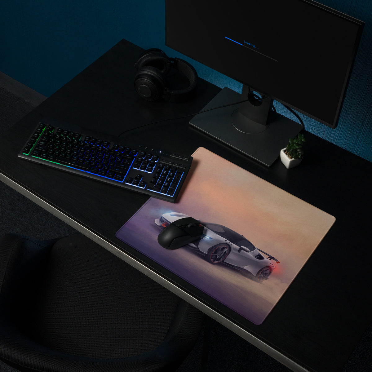 Ferrari sf90 xx stradale inspired rectangular cloth gaming mousepad with white and black sports car graphic and sunset background