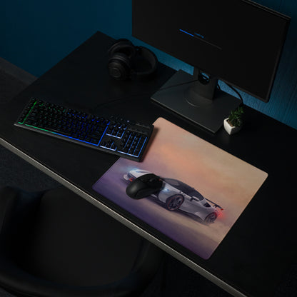 Ferrari sf90 xx stradale inspired rectangular cloth gaming mousepad with white and black sports car graphic and sunset background