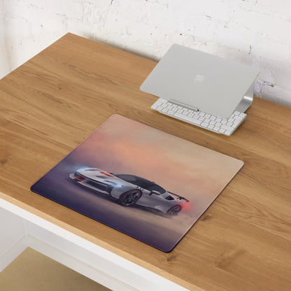 Rectangular premium cloth gaming mousepad featuring a white and black ferrari sf90 xx stradale car with glowing headlights against a sunset backdrop