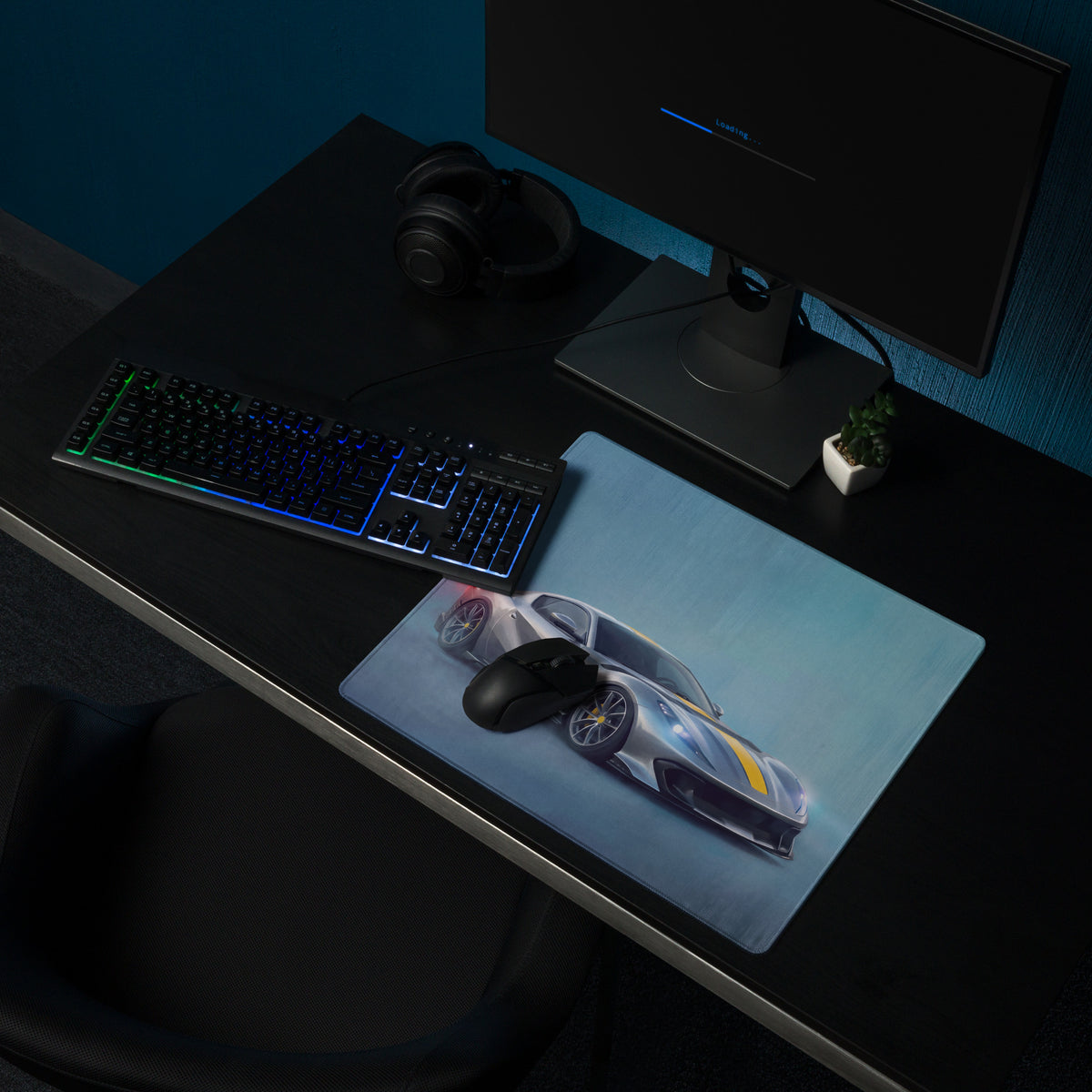 Rectangular non-slip gaming mousepad featuring a silver and yellow ferrari 812 competizione inspired sports car graphic