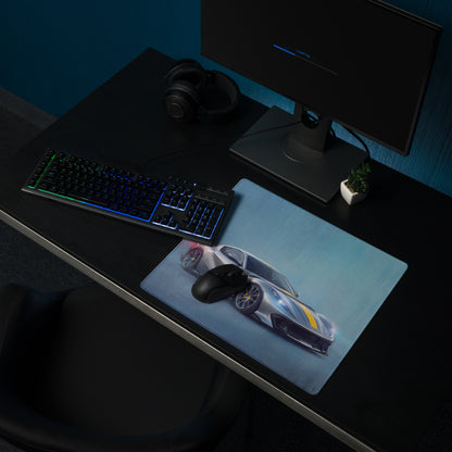 Rectangular non-slip gaming mousepad featuring a silver and yellow ferrari 812 competizione inspired sports car graphic