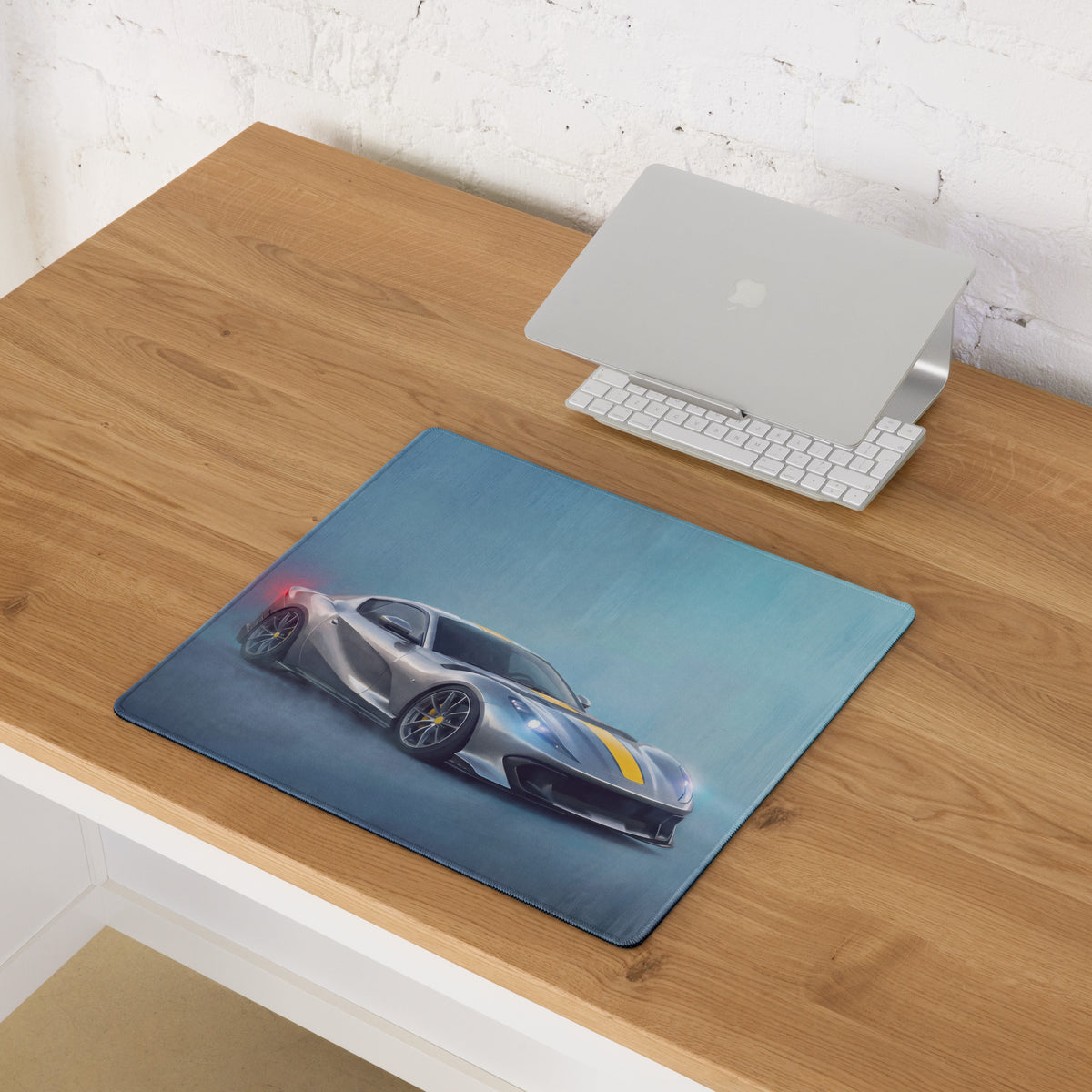 Silver and yellow ferrari 812 competizione inspired giallo extended non slip mousepad with rounded corners