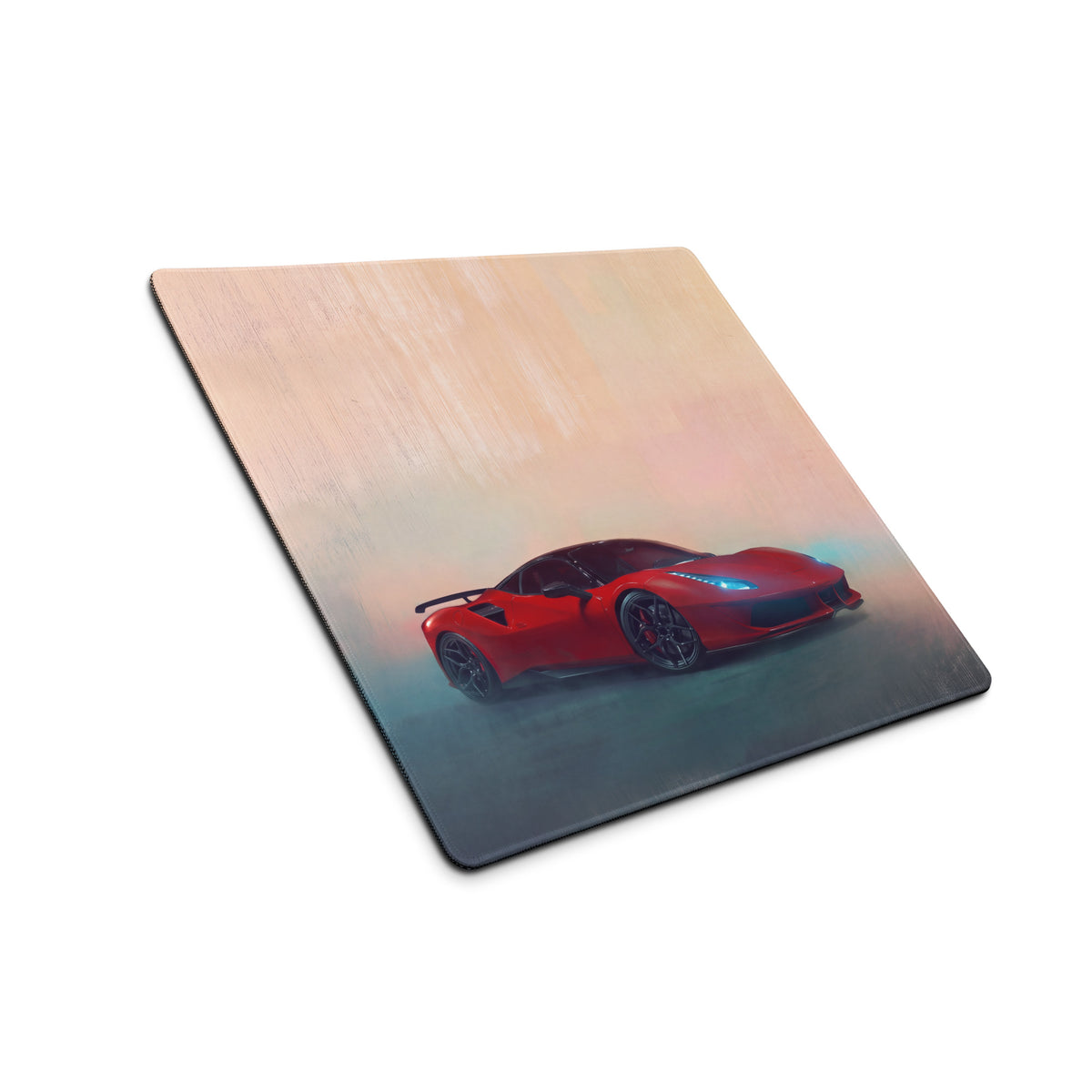 Red Ferrari 488 Pista inspired graphic on a square wooden mousepad with premium stitched edge for gaming use