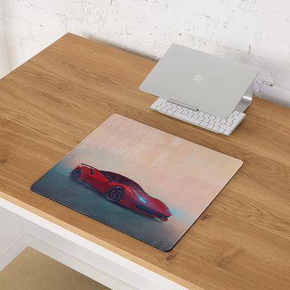 Red ferrari 488 pista inspired corsa edition rectangular soft-touch desk pad with stitched edges and sports car graphic