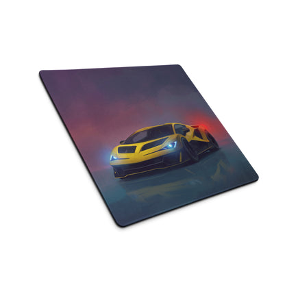 Yellow sports car graphic on lamborghini revuelto inspired giallo xl gaming mouse pad with dark gradient background