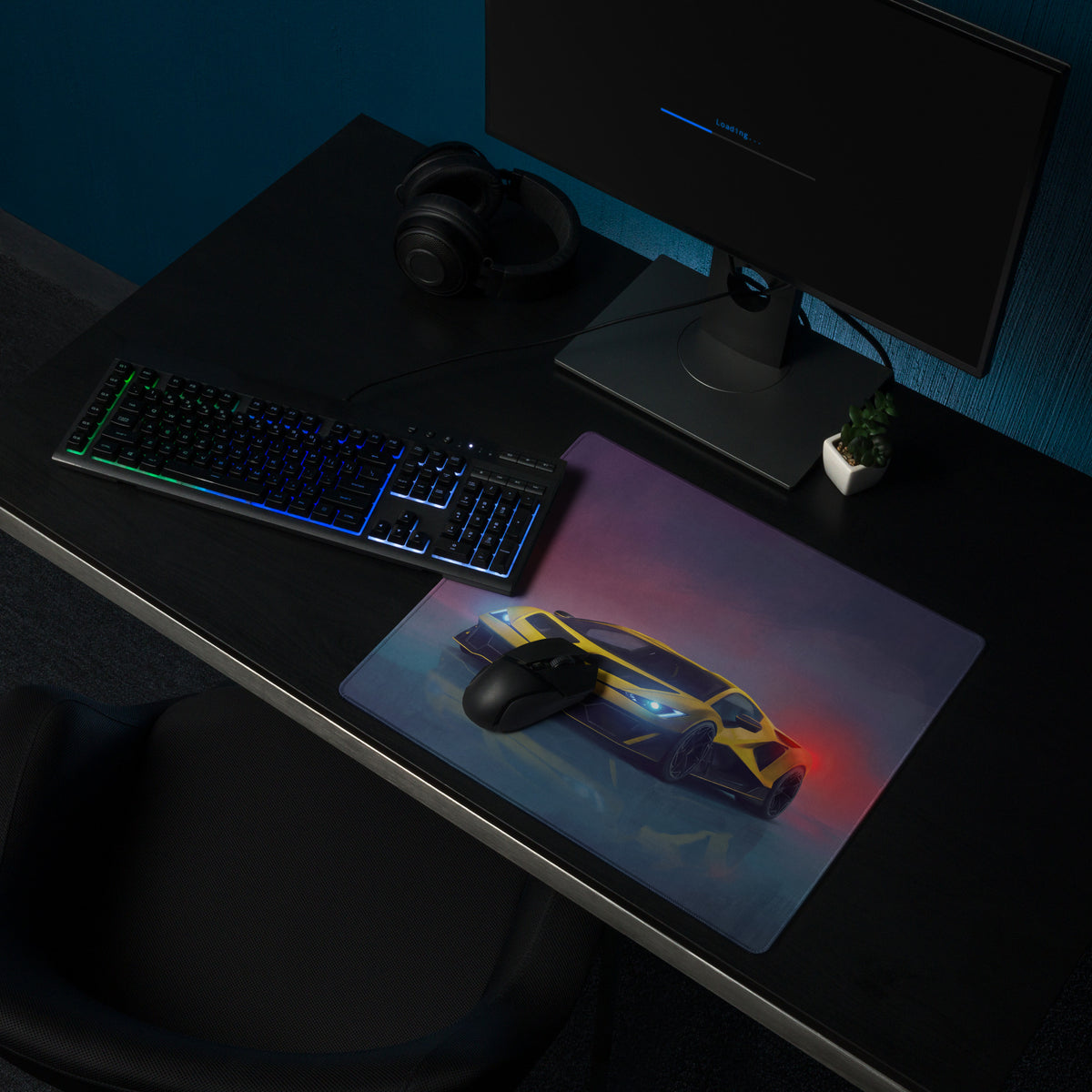 A sleek rectangular gaming mousepad with a yellow and black Lamborghini Revuelto inspired sports car design