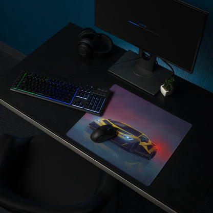 A sleek rectangular gaming mousepad with a yellow and black Lamborghini Revuelto inspired sports car design