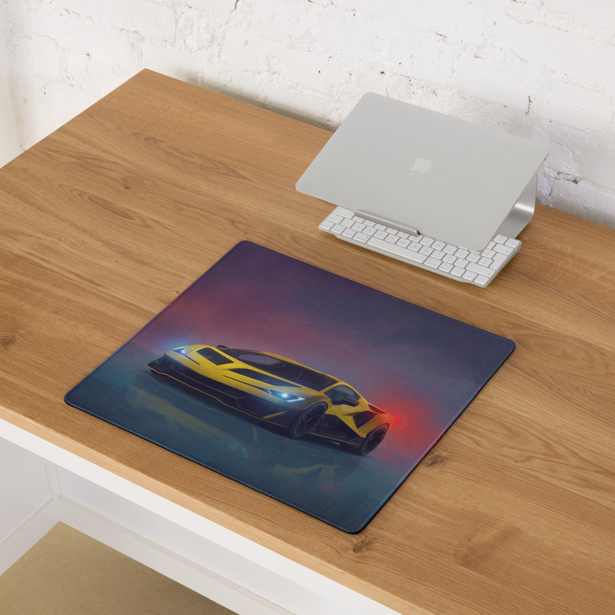 Lamborghini revuelto inspired giallo xl gaming mouse mat with yellow and black sports car graphic on dark blue surface