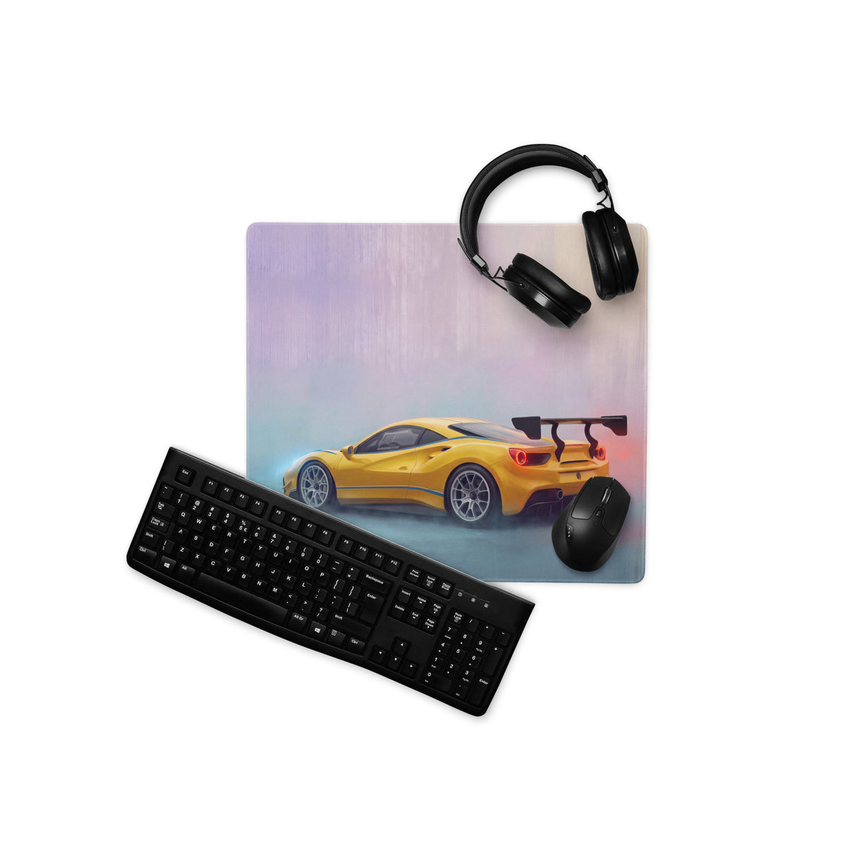 Yellow sports car graphic on a non-slip rubber base ferrari 488 gt3 inspired motorsport gaming mousepad