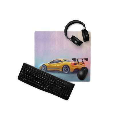 Yellow sports car graphic on a non-slip rubber base ferrari 488 gt3 inspired motorsport gaming mousepad