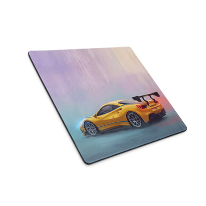 Yellow sports car graphic printed on ferrari 488 gt3 inspired non-slip rubber base gaming mousepad with gradient background