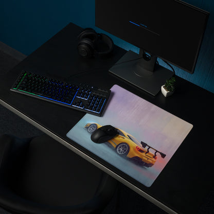 Yellow Ferrari 488 GT3 inspired motorsport desk mat with non-slip rubber base and black computer mouse on top
