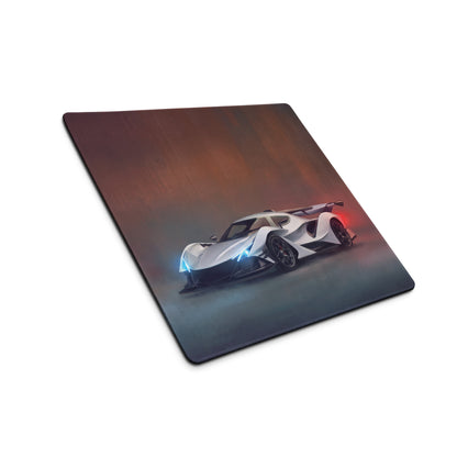 Apollo intensa emozione inspired hypercar desk pad featuring a white and black futuristic race car graphic on a rectangular mousepad
