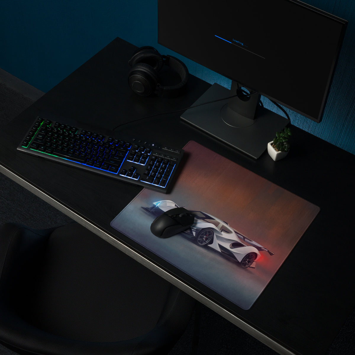 Apollo intensa emozione inspired hypercar desk pad featuring a sleek rectangular gaming mousepad with a futuristic car print