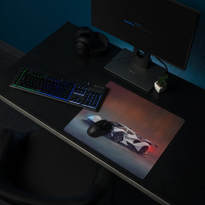 Apollo intensa emozione inspired hypercar desk pad featuring a sleek rectangular gaming mousepad with a futuristic car print