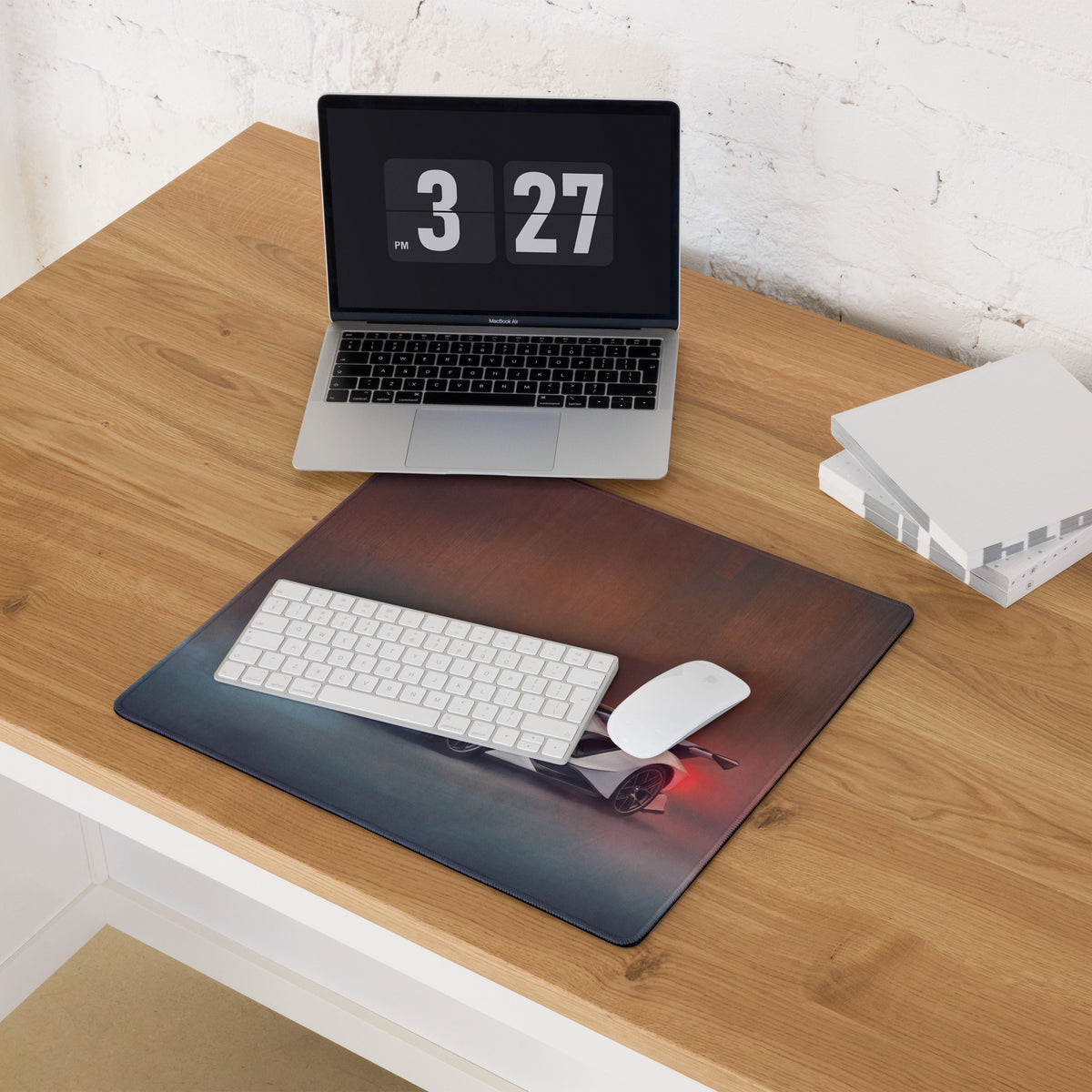 Rectangular gaming mousepad with glossy finish featuring a red Apollo Intensa Emozione inspired hypercar design