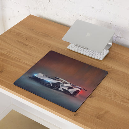 A sleek rectangular Apollo Intensa Emozione inspired hypercar desk pad with a white futuristic sports car print and glowing accents