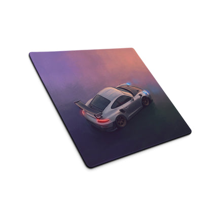 Silver porsche 911 gt3 rs inspired aerial edition desk mat with sports car graphic and gradient purple orange sky background