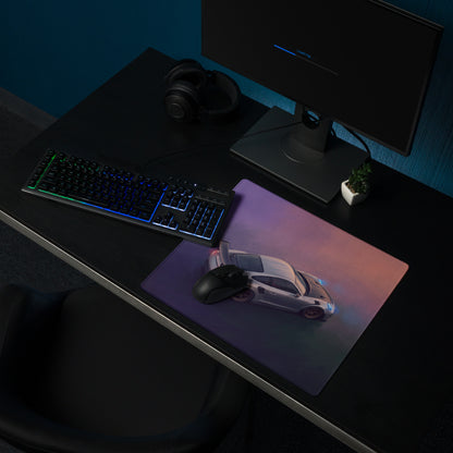 A sleek rectangular Porsche 911 GT3 RS inspired aerial edition desk mat with vibrant gradient and illuminated sports car design