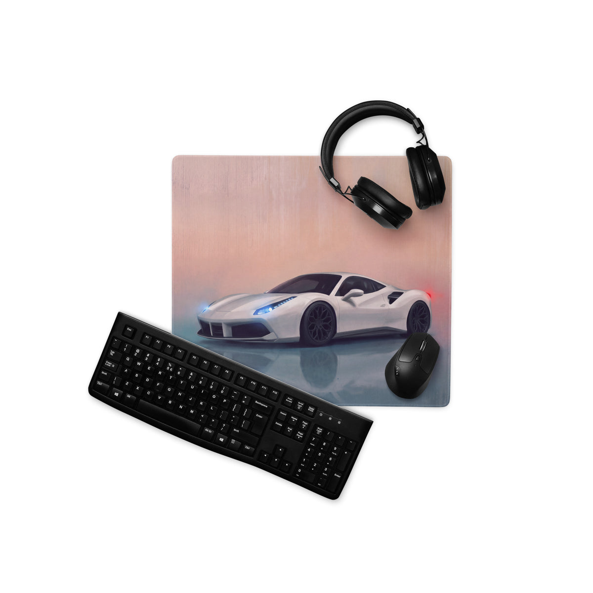 Ferrari 488 gtb inspired bianco edition desk mat featuring a white sports car graphic on a rectangular gaming mousepad