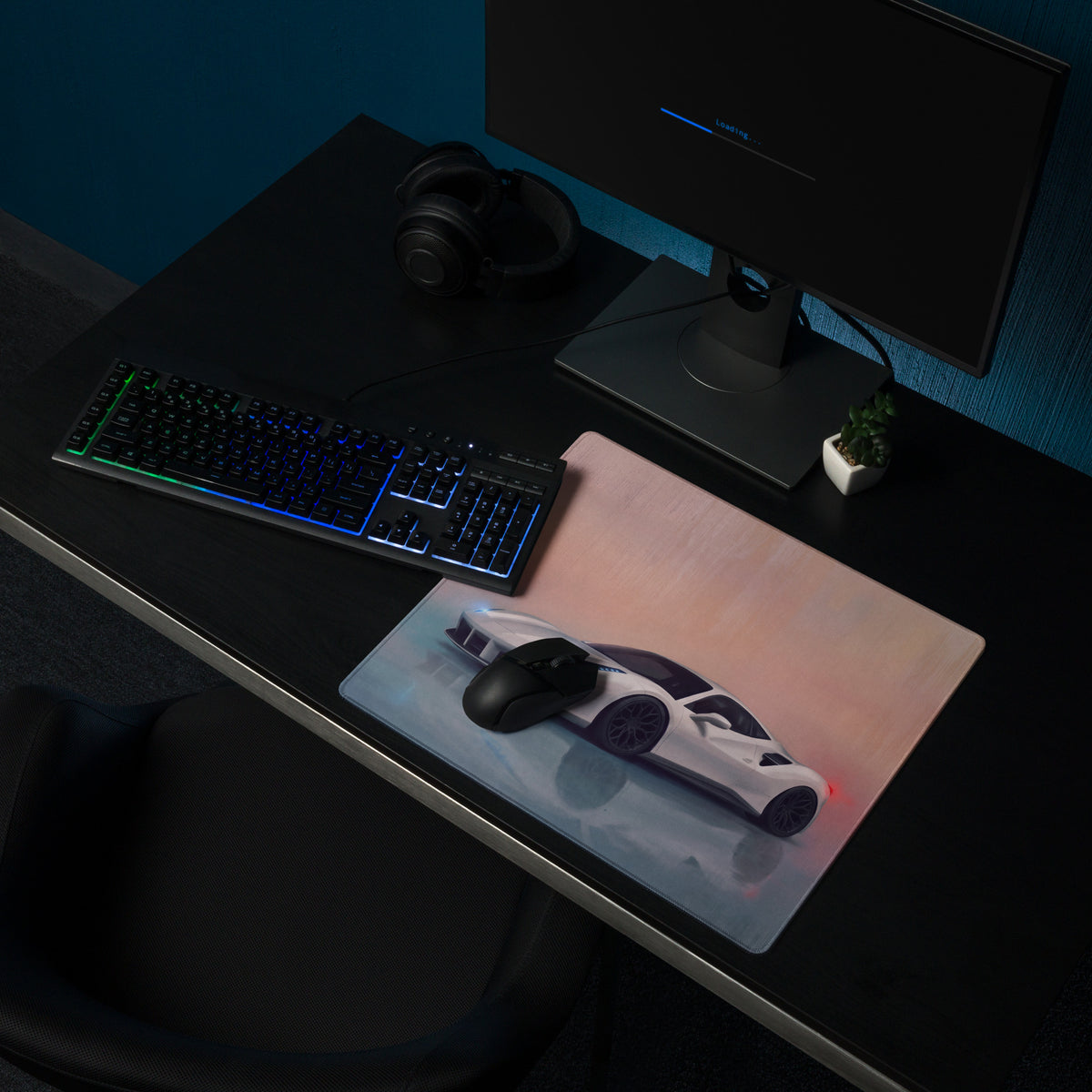 A sleek rectangular high-precision xl gaming mousepad featuring a glossy white ferrari 488 gtb sports car design