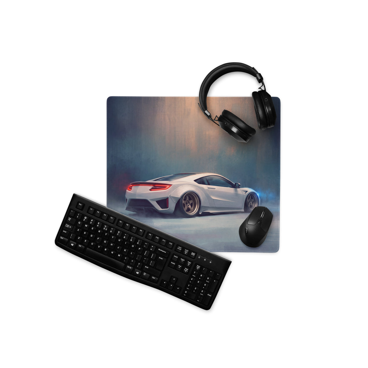 White sports car graphic on acura nsx inspired widebody pure edition non-slip rubber base gaming mousepad with keyboard