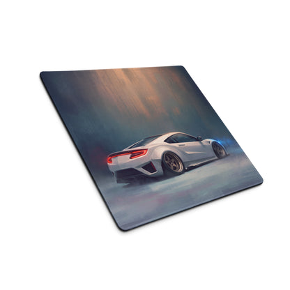 Acura NSX inspired widebody pure edition desk pad with white sports car graphic on rectangular non-slip rubber base