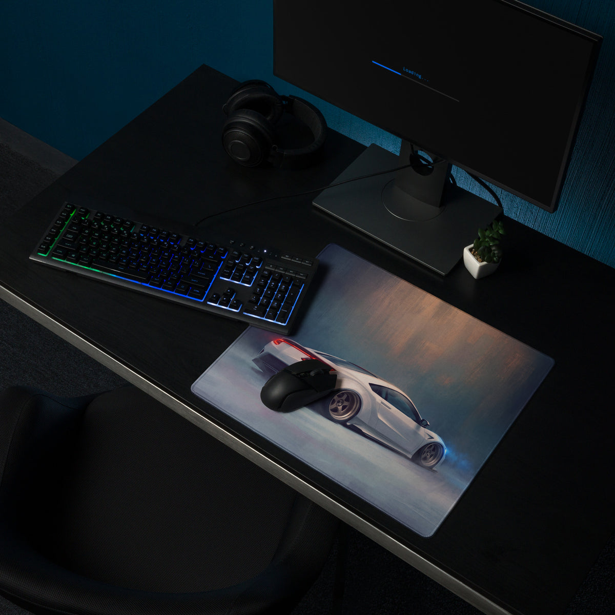 A sleek rectangular non-slip rubber gaming mousepad featuring a white acura nsx with red accents and blue underglow lighting