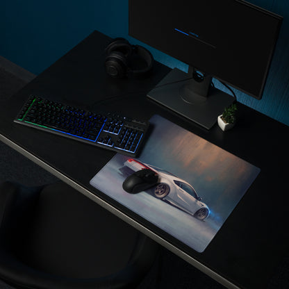 A sleek rectangular non-slip rubber gaming mousepad featuring a white acura nsx with red accents and blue underglow lighting
