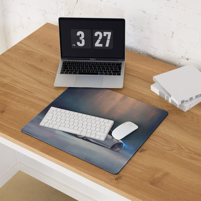 Rectangular non-slip rubber desk pad featuring a silver Acura NSX inspired sports car under a twilight sky design