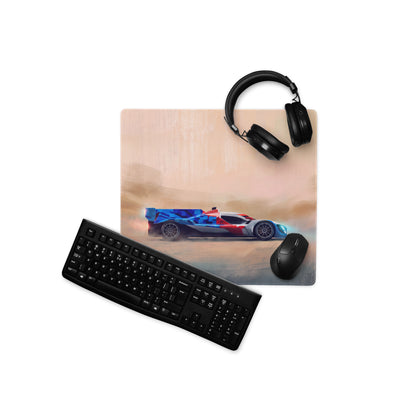 Rectangular mousepad with vibrant blue red and white bmw m hybrid v8 inspired racing car design on sandy desert background