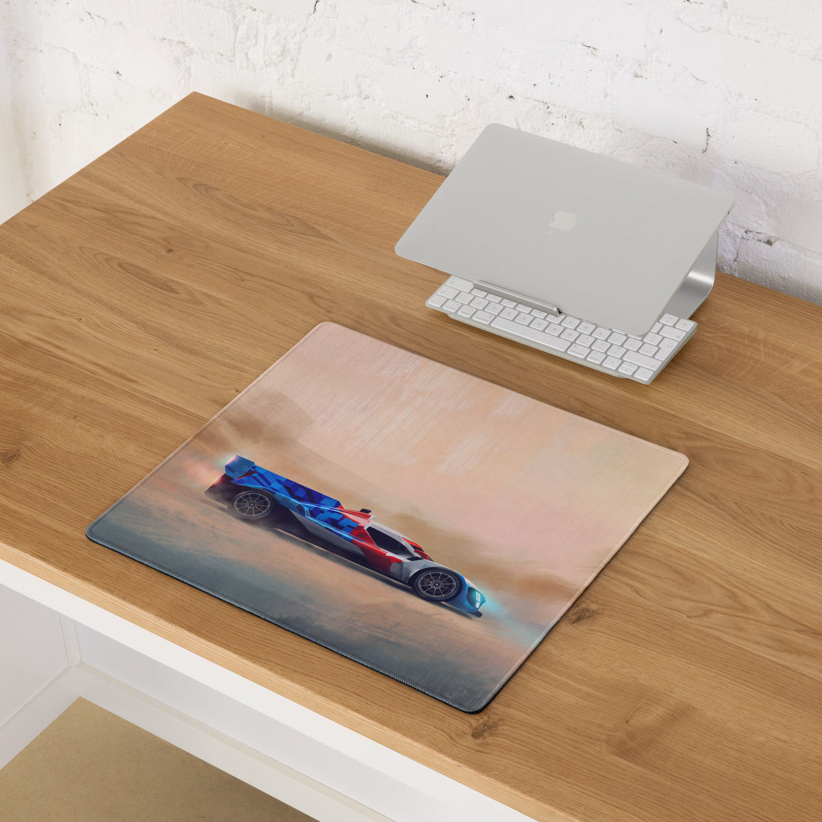 Rectangular high-dpi smooth tracking mousepad with vibrant blue red and white bmw m hybrid v8 inspired art car design on beige background