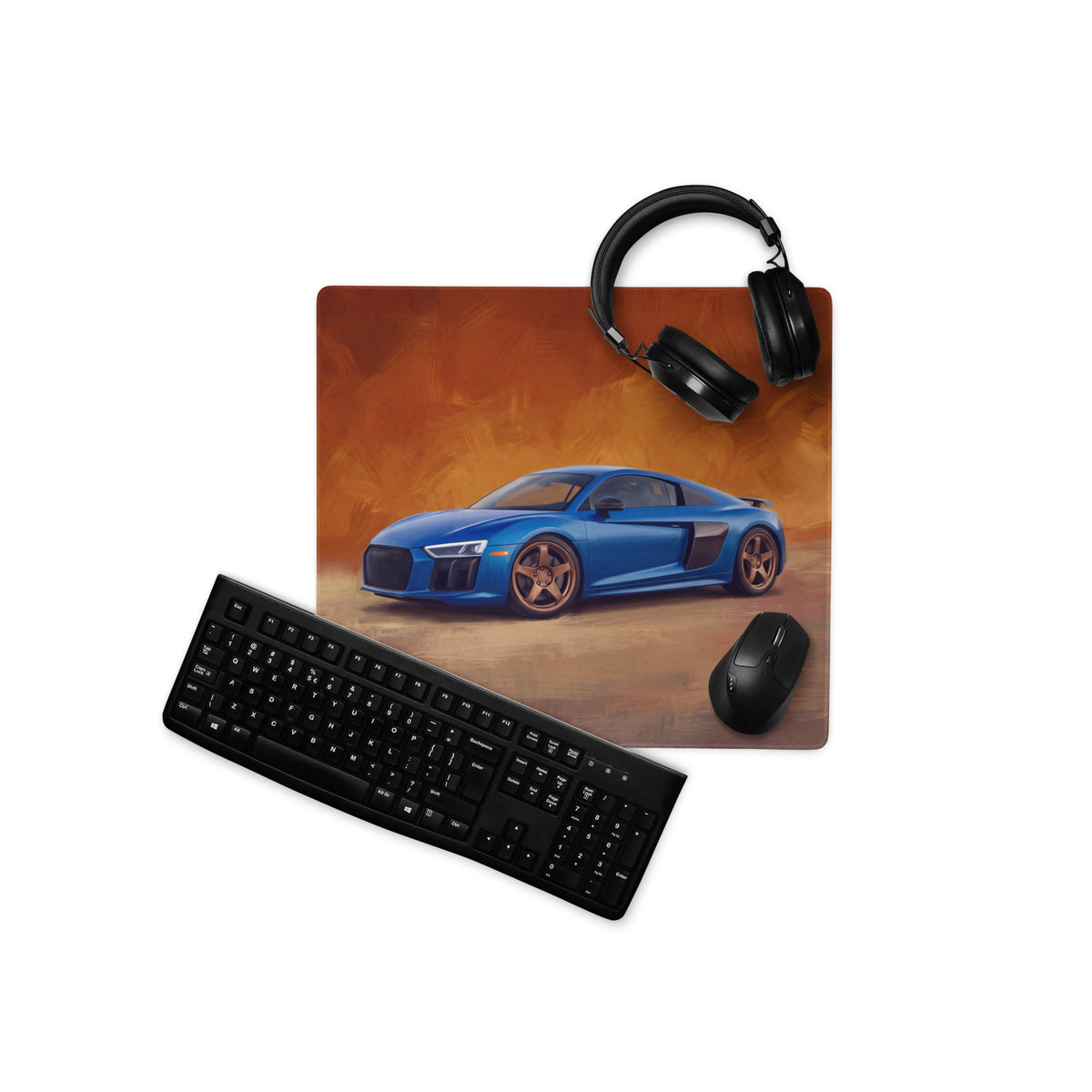 Blue Audi R8 graphic printed on a non-slip rubber base XL desk pad mouse mat in Sepang blue color