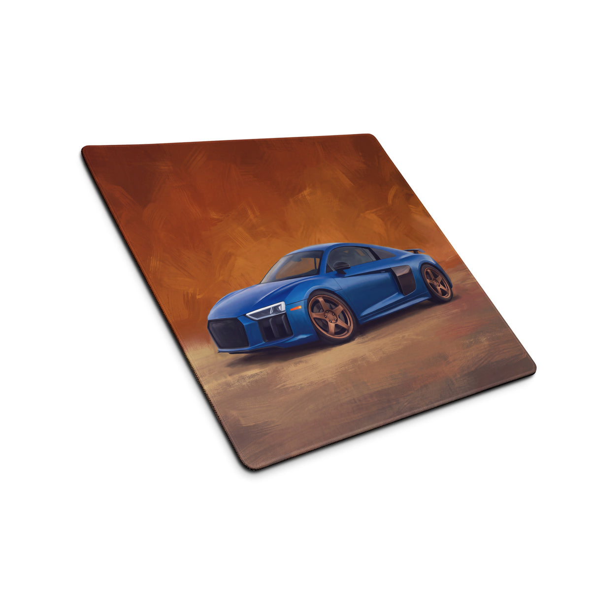 Blue Audi R8 sports car graphic rectangular mousepad with orange brown textured background non-slip rubber base XL desk pad