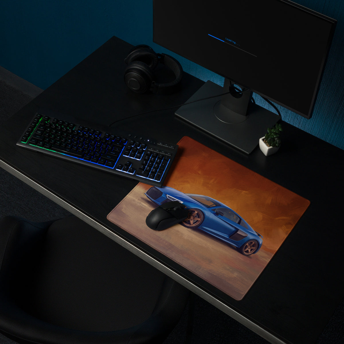 Blue Audi R8 inspired sports car graphic mousepad with non-slip rubber base and xl size for desk use