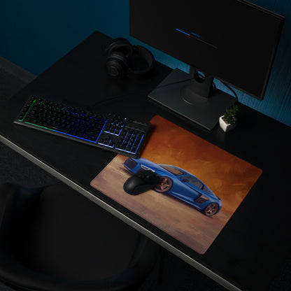 Blue Audi R8 inspired sports car graphic mousepad with non-slip rubber base and xl size for desk use