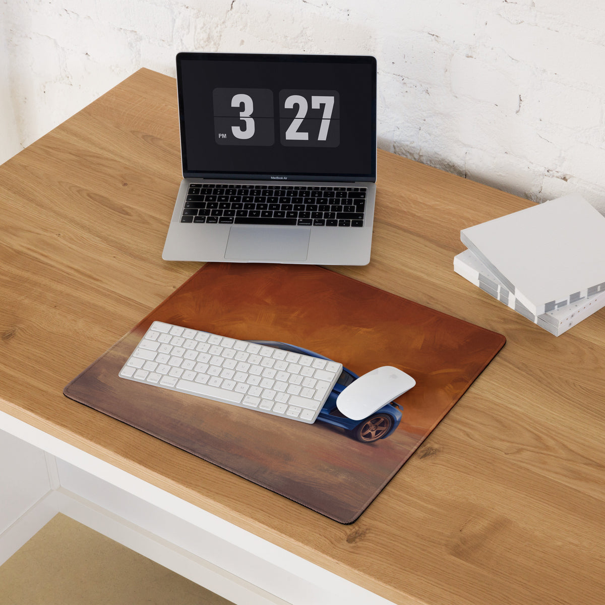 Brown leather xl mousepad with a non-slip rubber base featuring a printed blue Audi r8 inspired race car design
