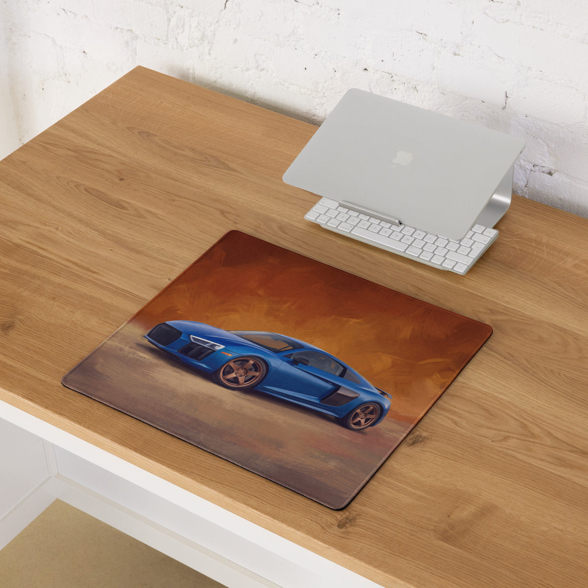Blue Audi R8 sports car graphic printed on non-slip rubber base Sepang blue XL desk mouse pad with brown gradient background