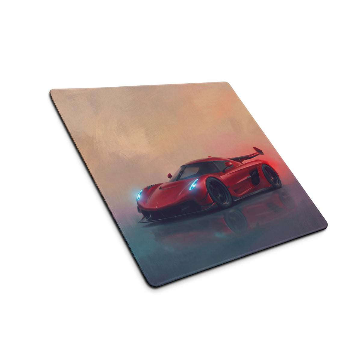 Koenigsegg jesko inspired cherry red desk pad featuring red sports car graphic on rectangular ultra glide xl mouse mat