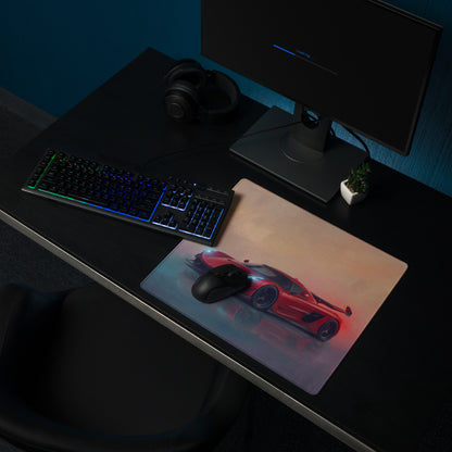 Koenigsegg jesko inspired cherry red desk pad with red and black sports car graphic on a rectangular ultra-glide xl mouse mat
